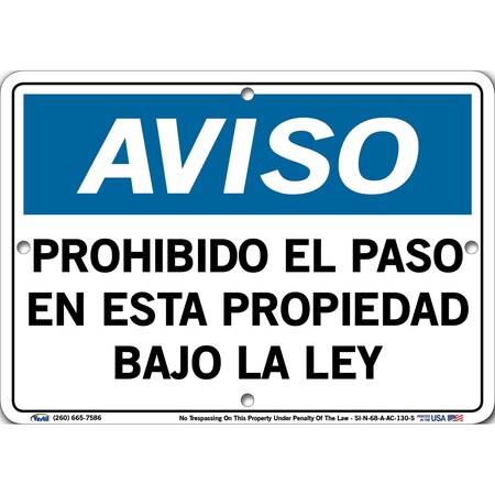 Vestil Aluminum Composite Sign, 7-1/2" Height, 10-1/2" Width, Aluminum Composite, Rectangle, Spanish SI-N-68-A-AC-130-S